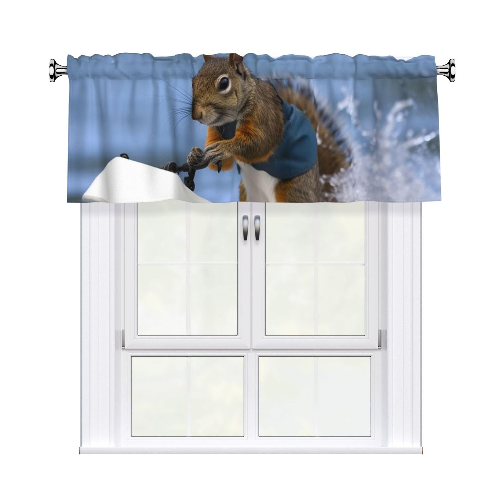 DWVTSLH Water Skiing Squirrel Valances Curtains for Windows, Rod Pocket Drape Valence Blackout Short Curtains for Kitchen Bathroom Bedroom Window Treatment for Home Décor 54x18 Inch