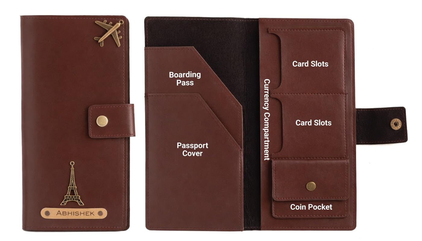 Personalized Name & Charm Long Leather Wallet Passport Cover with (Dark Brown) Passport Boarding Pass Currency Card Slot & Coin Holder for Men & Women | Corporate Office Gift Employee Colleagues-image-28