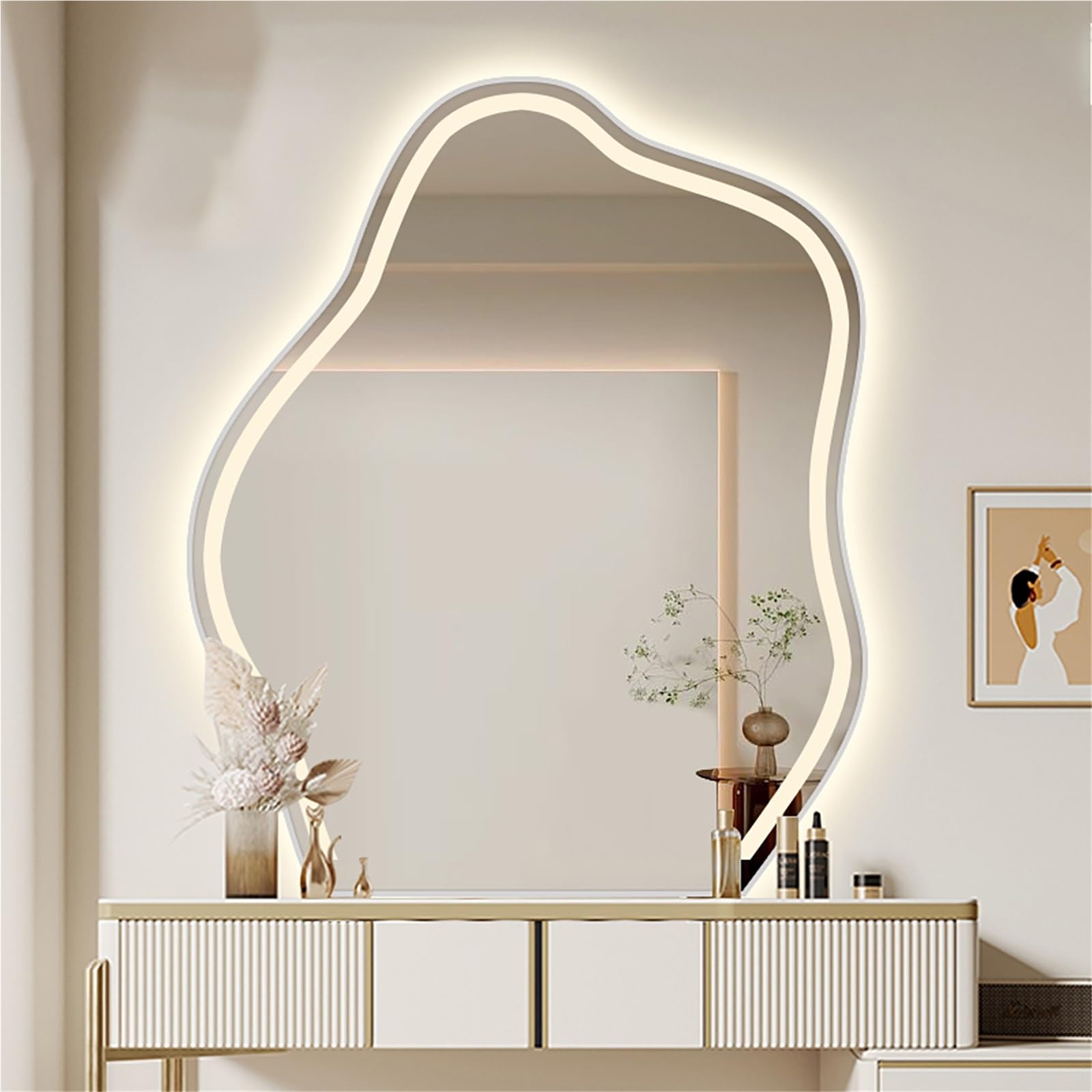 FGXHHS Entryway Bathroom Defogging Mirror, Irregular Frameless Wall 3 Colors Dimmable Vanity Stepless with Double Touch, Mirror for Bedroom Makeup Shaving