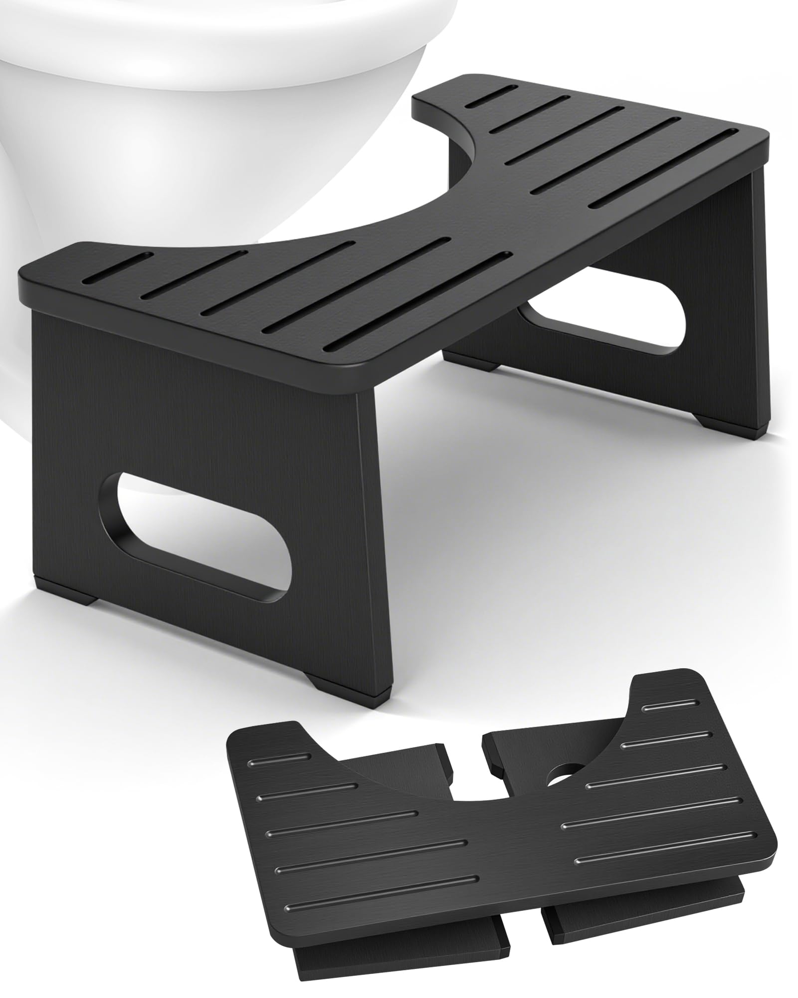 Yose Toilet Stool Foldable, 7 Inch Poop Stool for Bathroom, Toilet Stool Squat Adult, Thickened Bamboo Potty Stool with 400lb Support & Non-Slip Pads, for Better Bowel Health (1, Black)