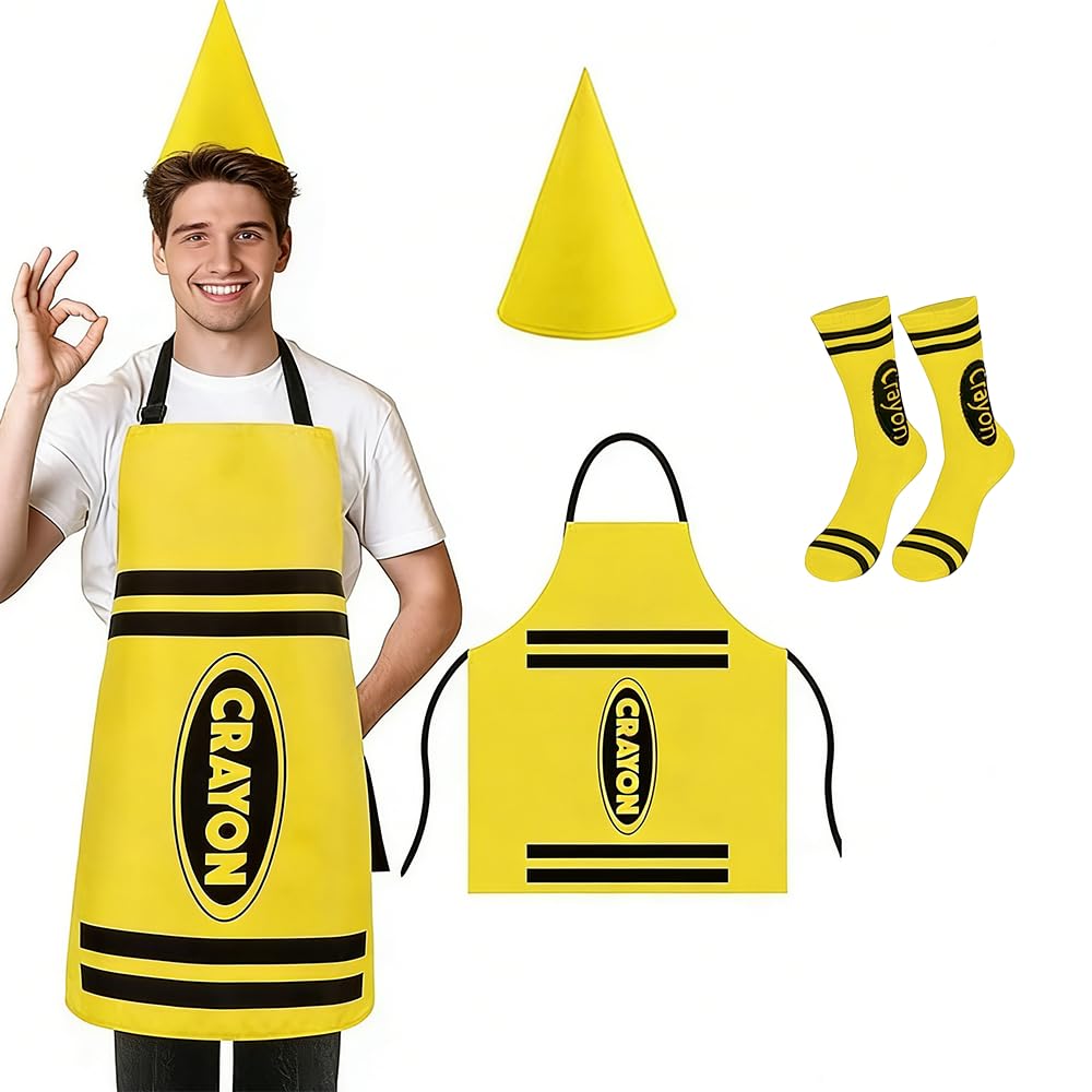 CYZTD Crayon Costume Adult Set,Orange Crayon Fancy Dress with Apron,Cone Hat & Socks,World Book Day Costumes for Women Men,Halloween Cosplay Outfit for Themed Parties,Christmas,Book Week (Yellow)