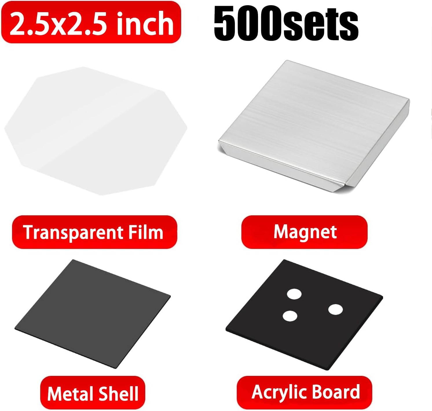 500/1000 Sets Photo Magnet Maker Machine Consumables, 2x2/2.5x2.5inch Fridge Magnet Button Making Supplies, with Transparent Film, Metal Shell, Magnets, Cardboard/Acrylic Board