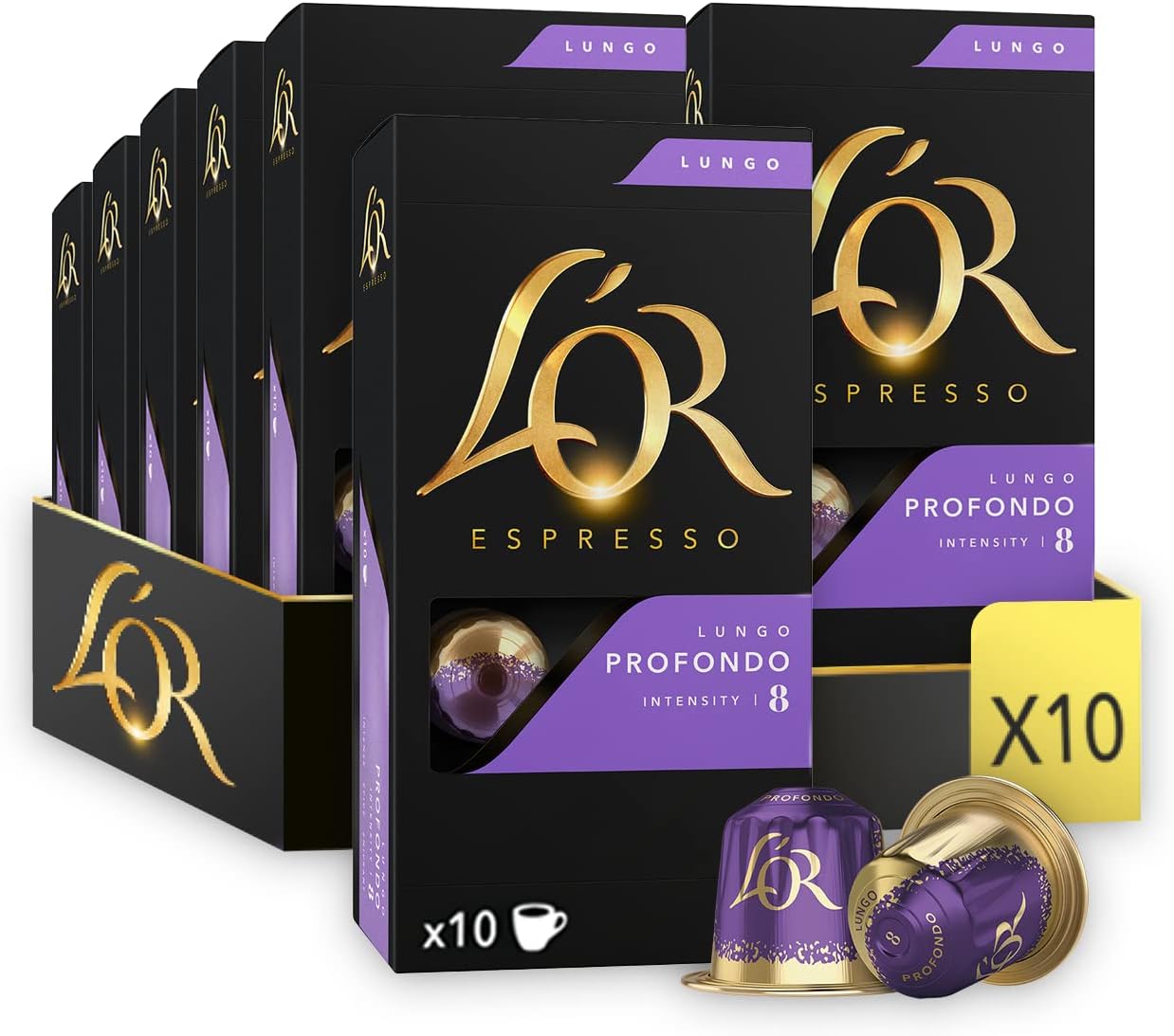 L'OR - Espresso Coffee - Lungo Profondo - Core Collection - Intensity 8 - Medium Roast - 100 Aluminium Capsules Compatible with Nespresso Original Machine (Pack of 10)