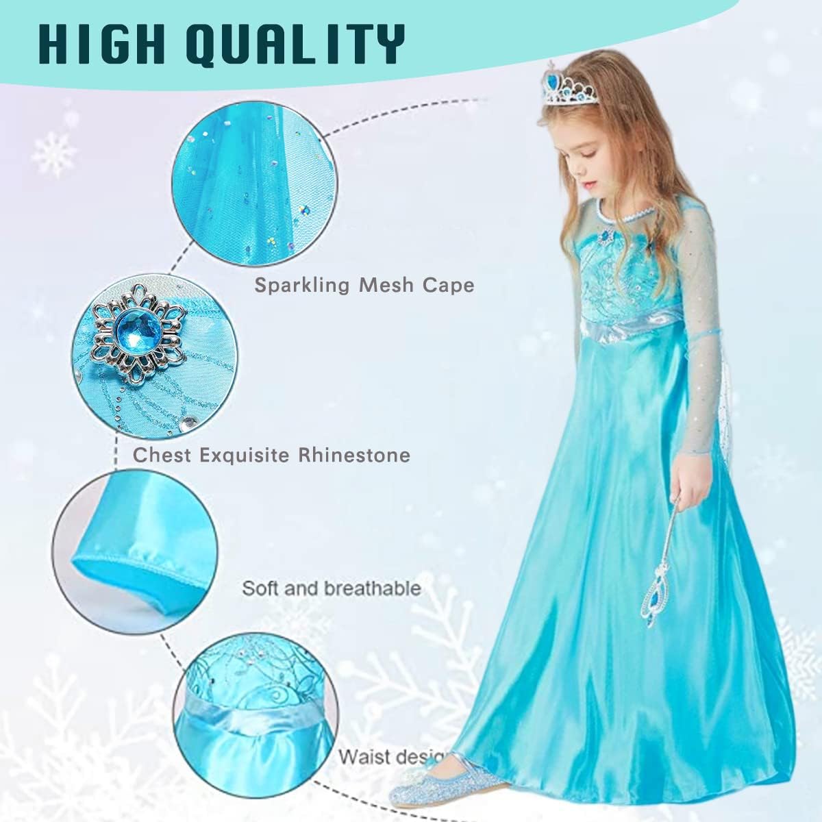 Princess Elsa Costume for Girls, Princess Cstume for Toddler Birthday Party Dress Up with Accessories Crown - Image 4