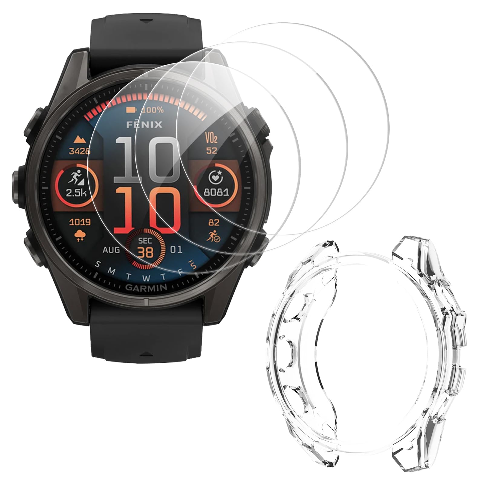 CeiLarv 3+1 Pack Screen Protector for Garmin Fenix 8 43mm Tempered Glass Film 9H Anti-Scratch HD Clear Screen Protector TPU Case Cover for Garmin