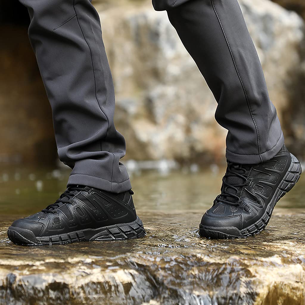 Stivali Tattici Uomini, Stivali da Combattimento Impermeabili in Pelle Scamosciata, Scarpe da Trekking in Pizzo a Basso Taglio, Black-44(UK 10)