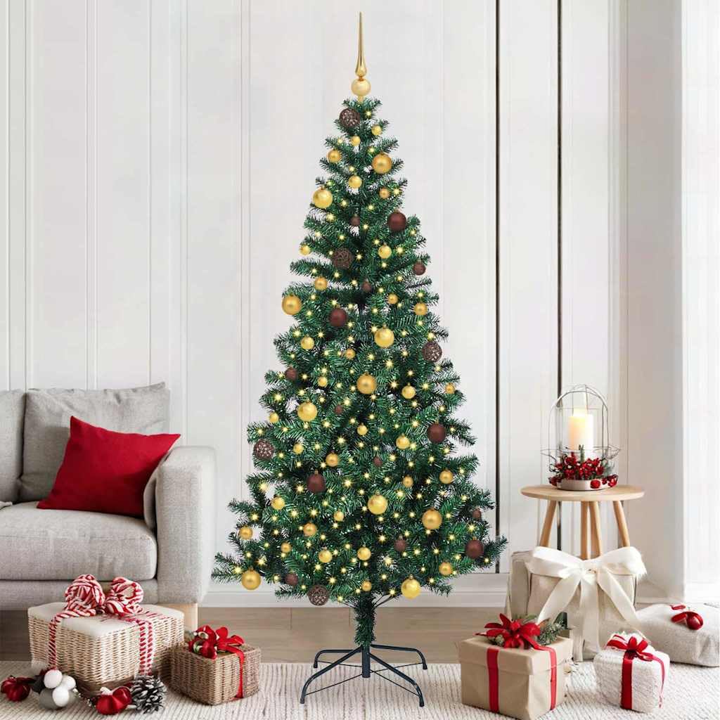 Árbol de Navidad preiluminado verde de 210 cm y decoraciones festivas