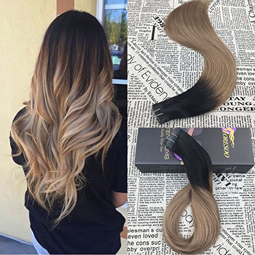 22 Inch Tape in Extensions Remy Adhesive Hair Glam Seamless Weft Hair Extensions Dip Dyed Color #1B Off Black to #10 Brown Natural Straight Hair 50G 20PCS Seamless Tape in Hair Extensions