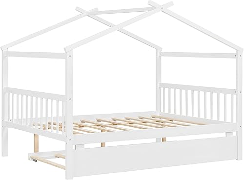 Miniatura 49 de Cama de casa completa con 2 cajones de almacenamiento, marco de cama matrimonial para niños con rieles y techo, cama de tienda, cama de día completo