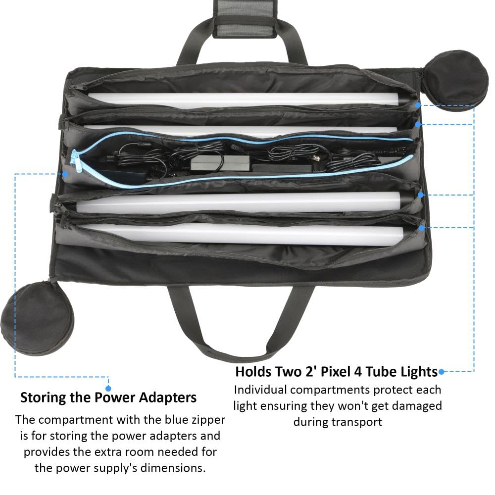 Bolsa de transporte de luz LED RGB para cuatro luces de 2 pies, funda de tela Cordura resistente al agua con compartimentos acolchados, funda para asa y bolsillo para accesorios para