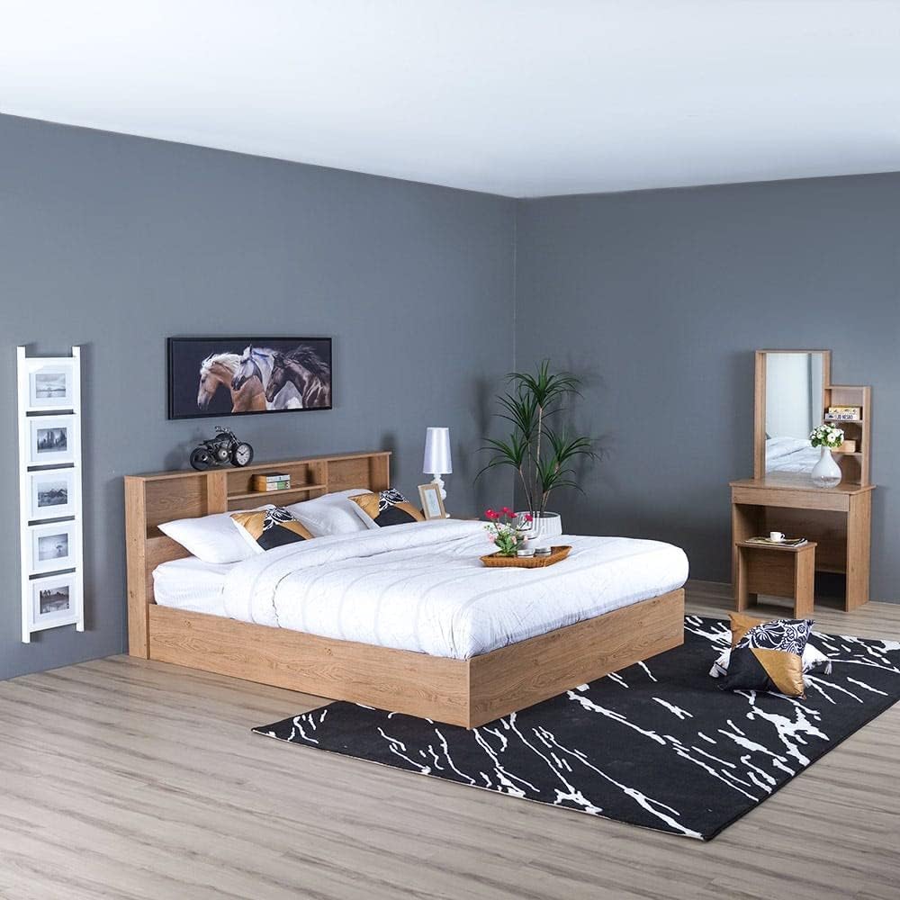 Danube Home Gamorah 5 Pieces Bed Set King Size (180X200Cm) + Night Stand + Dresser And Stool With Mirror | Comfortable Bedset Full | Sturdy Modern Design Wooden Bed Room Set Furniture (Oak)