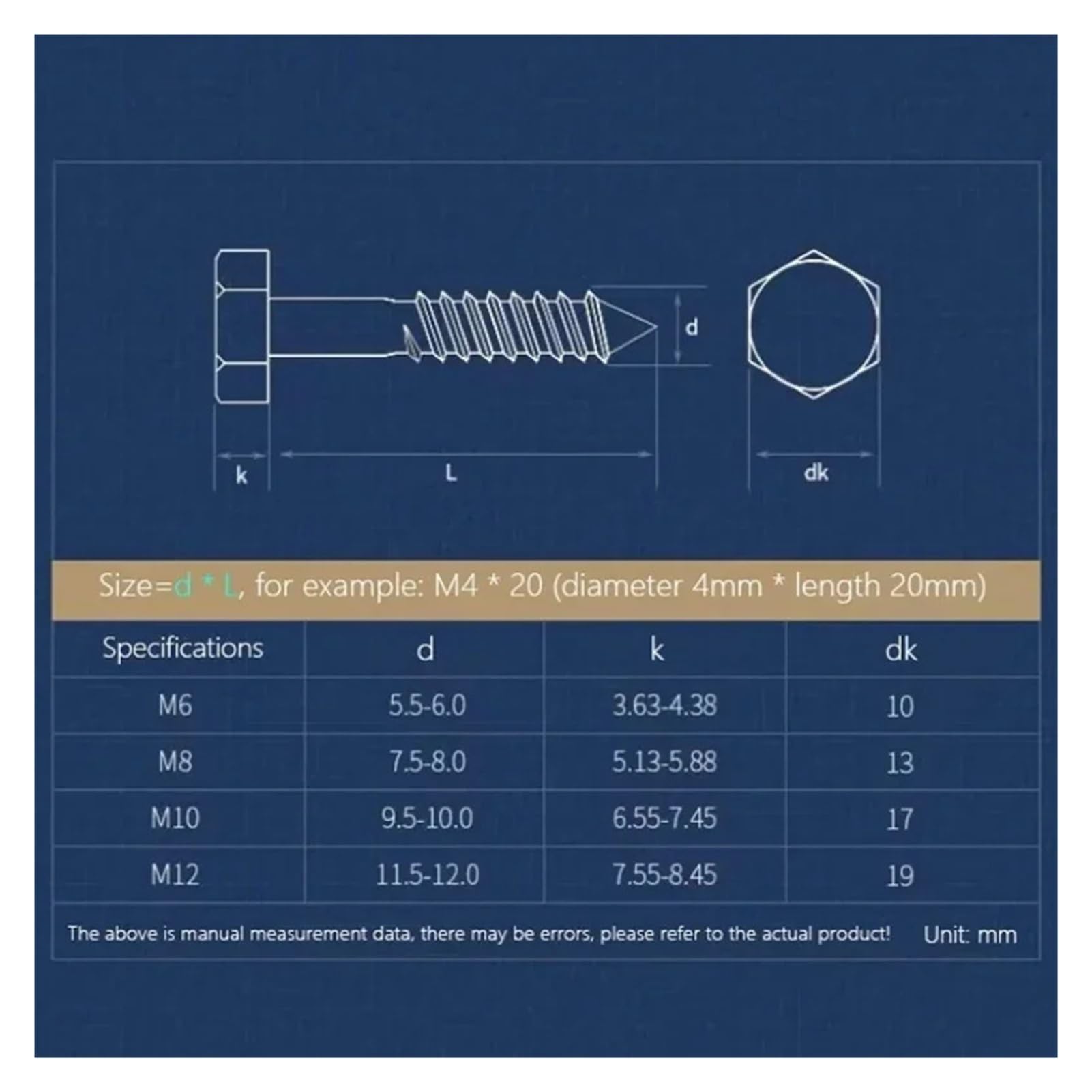 Hex Head Self-Tapping Wood Screws M8-M12 Stainless Steel | Hex drive, wood fix, outdoor use, rust-proof(M8x100-5pcs)