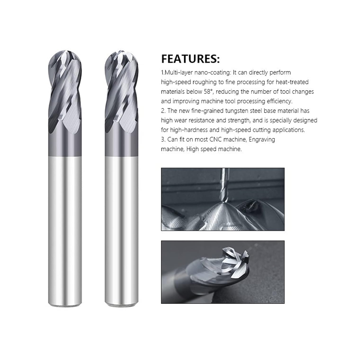 1pcs Solid Carbide 4 Flute Ball Nose End Mill R1.0-R8.0 CNC Milling Tool Spiral Router Bit Milling Cutter Ball Nose End Mill Cutter for Metal Copper Steel