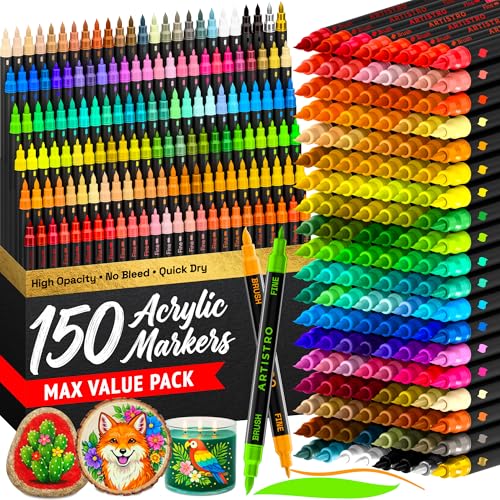 Image of ARTISTRO Acrylic Glass Markers for Wine Glasses and Drinkware (150 Pack), Vibrant Dual Tip Paint Pens for Party Charms & Bar Tools (Brush + Fine Tips)