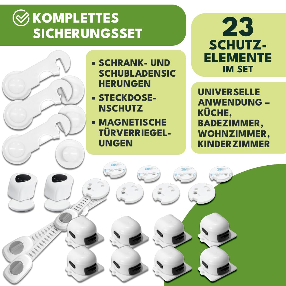KRUMAD Zestaw zabezpieczeń dla dzieci 23 elementy, blokada szafek, zabezpieczenia szuflad, osłony gniazdek, blokada drzwi bez wiercenia, magnetyczna blokada szafki, akcesoria do zabezpieczenia domu