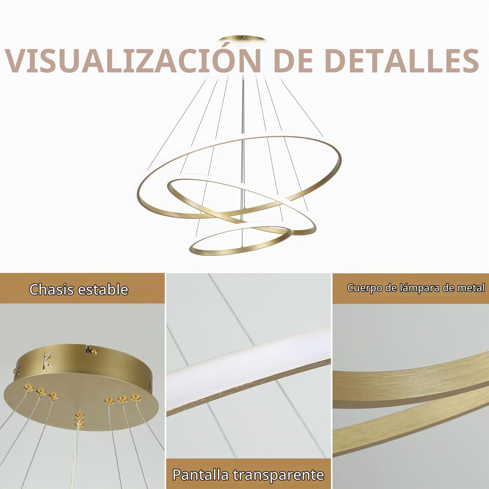 IluminacióN Colgante Led Para Sala De Estar,Accesorio De IluminacióN Colgante AcríLico Regulable De 3 Anillos,Isla De Cocina Dorada Para Techo,Sala De Estar,Dormitorio,VestíBulo De Entrada 40+60+80 Cm
