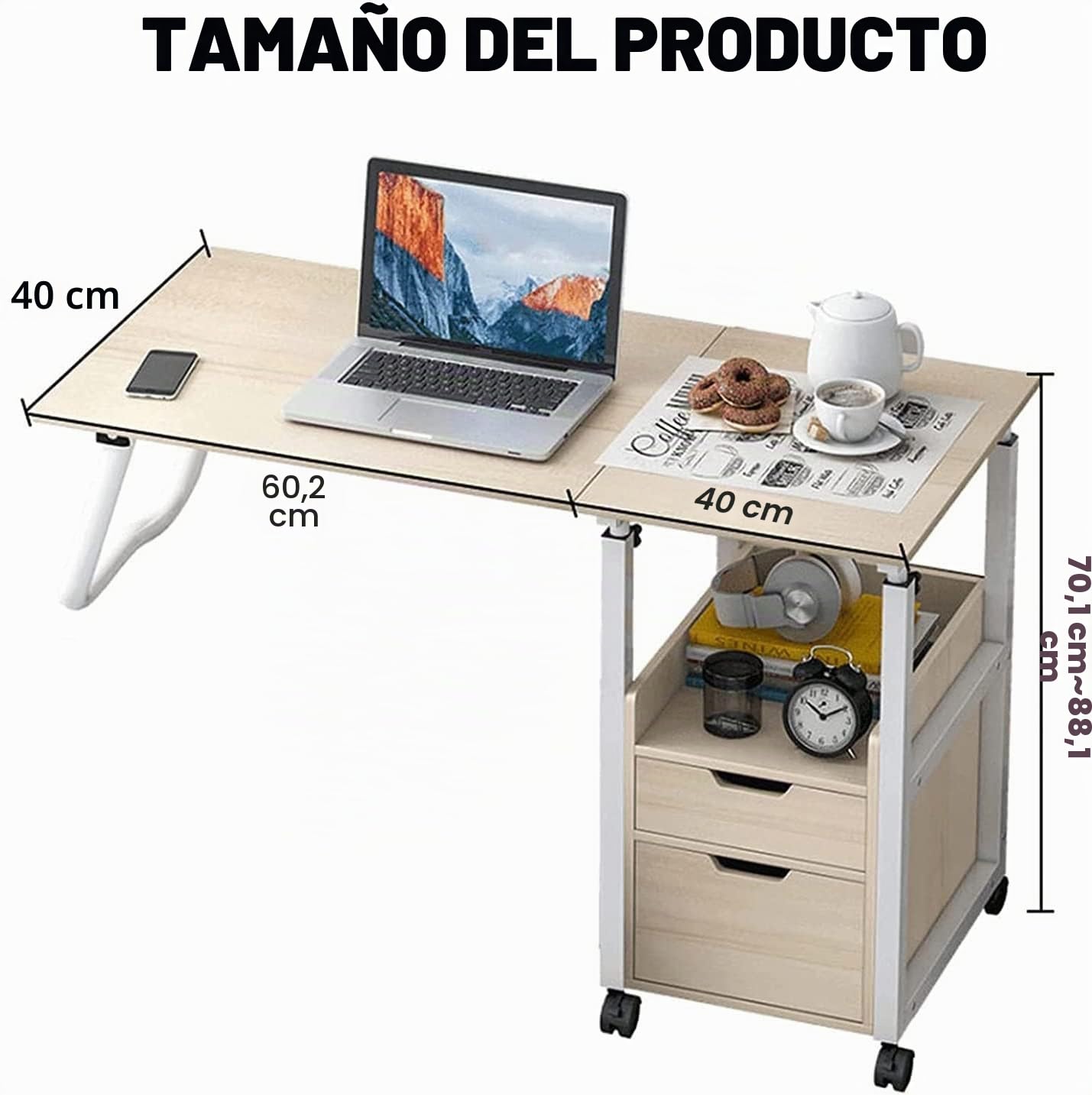 Mesa Auxiliar, Mesa de Cama con Ruedas, Mesita de Noche Médica, Mesa de Cama de Hospital Plegable de Doble Propósito con Cajón, Altura Ajustable: 70~88cm