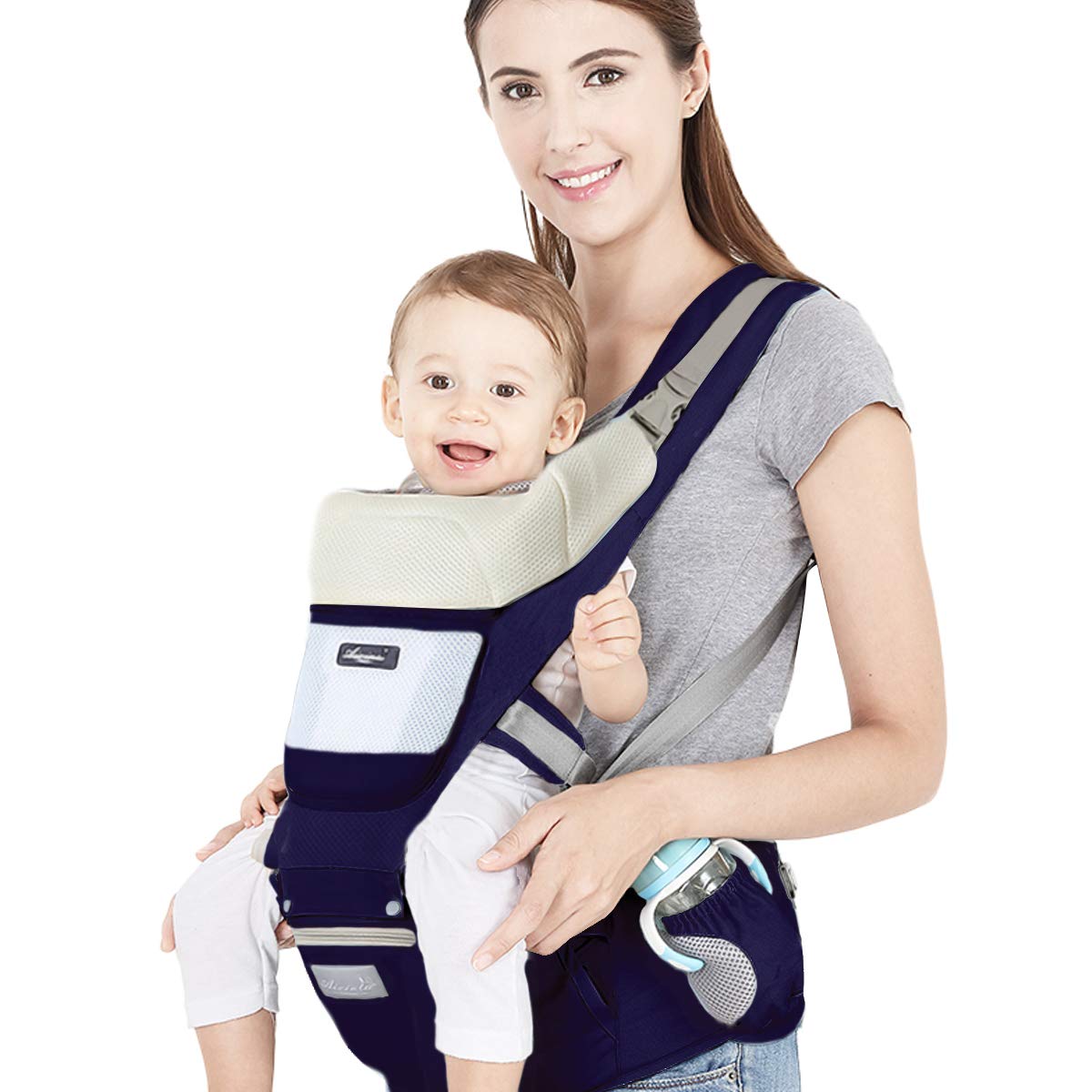 SONARIN Marsupio Ergonomico con Sedile Anca/Puro Cotone, Poggiatesta, Multiposizione: Dorsale, Ventrale, Regolabile per Neonato e Bambino da 0 a 36 mesi (fino a 30 kg) Blu