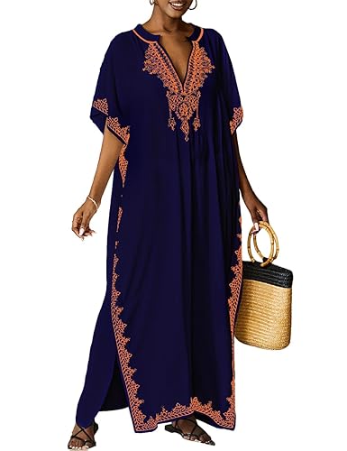 Bsubseach Kaftan Cover Ups for Swimwear Long Caftan Loungewear Gold Embroidery Swimsuit Cover Up Dress - Green