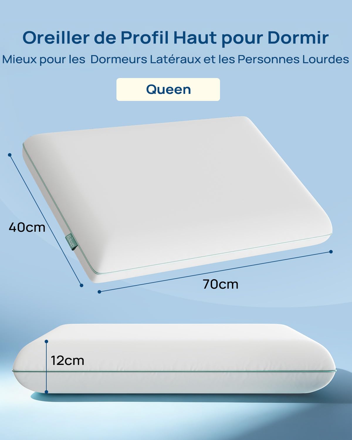 Releep Oreillers en Mousse à Mémoire, Oreiller Ergonomique Gel pour Dormeurs sur Le Côté et Le Dos, Certifié Oeko-tex & CertiPUR-US, Taille Standard, 12 cm de Hauteur