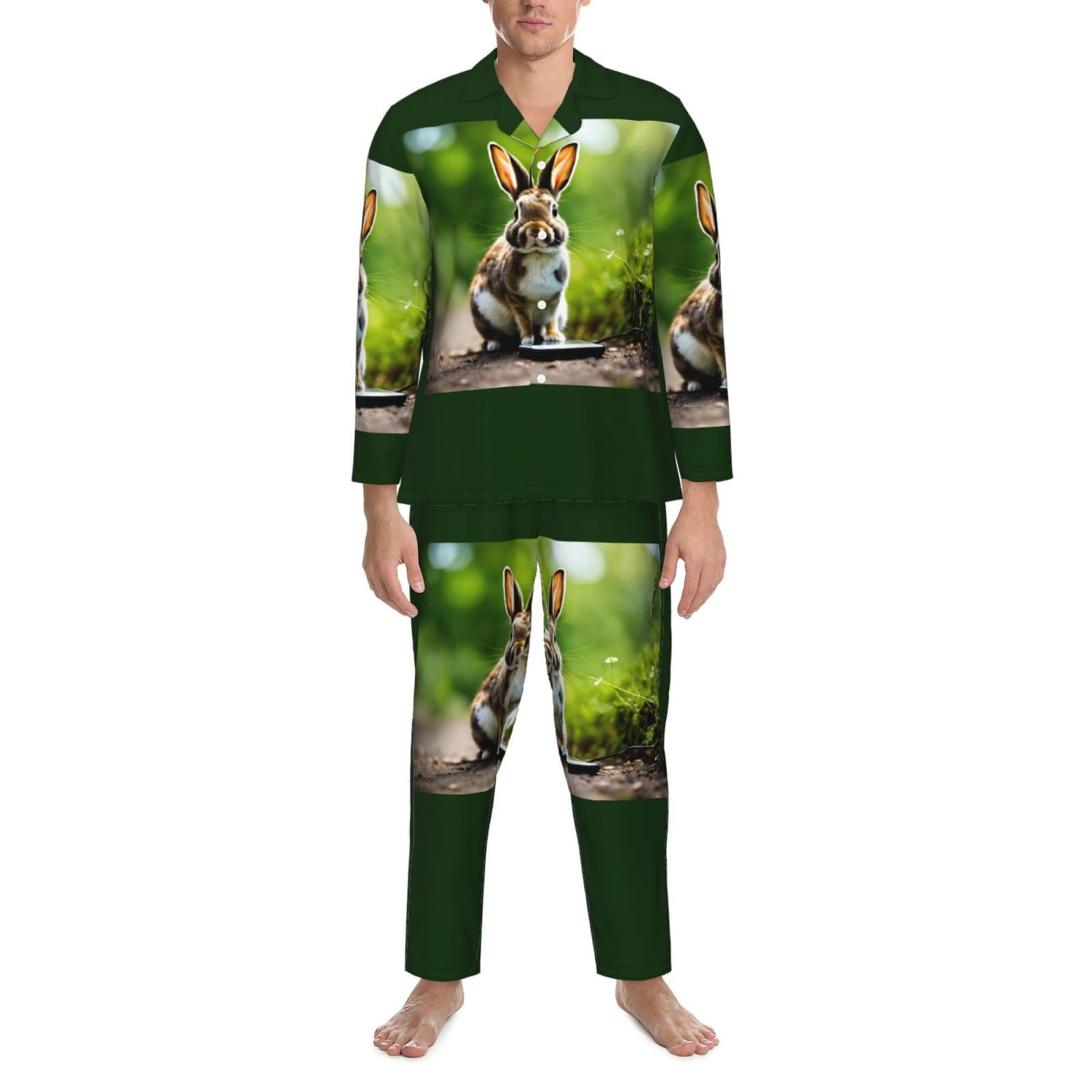 Herren-Pyjama-Set mit Hasen-Motiv, langärmelig, zweiteilig, Hauskleidung, bequeme Nachtwäsche