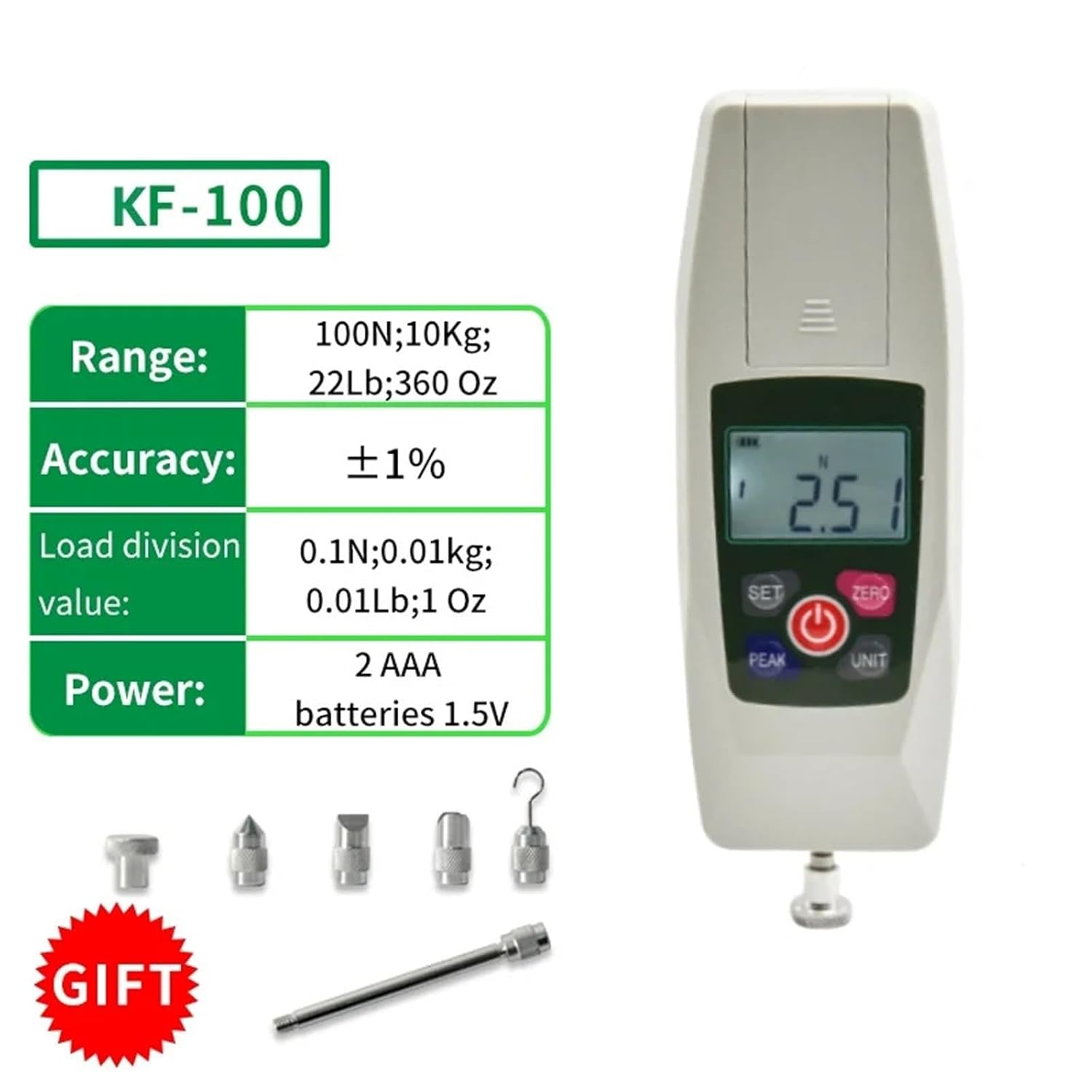 Mini Dynamometer KF-100 Digital Force Gauge Pull Tester Meter 4 Measurement Units N Kg Lb Oz Automatic Backlight Buzzer Alarm