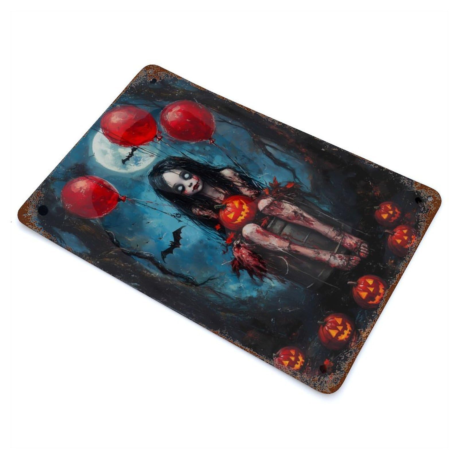 Rust Effect Halloween Girl with Pumpkins Distressed Metal Wall Sign 11.8"x7.9", Decorative Metal Wall Art for Living Room, Hallway And Home Decor