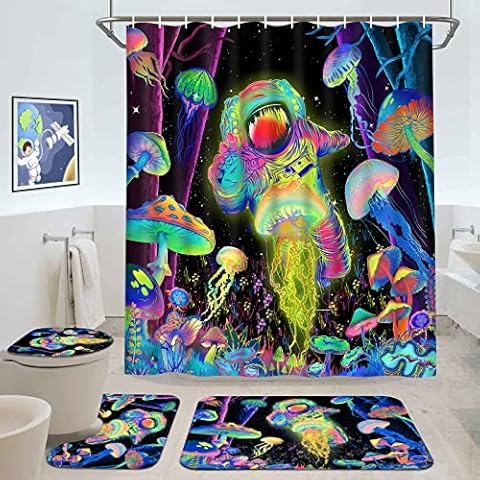 Alishomtll 4 Pcs Blacklight Astronaut Kids Shower Curtain Sets with Rugs, Black Light Space Bathroom Set with Shower Curtain and Rugs, Mushroom Jellyfish Bathroom Sets Decor for Men Cover