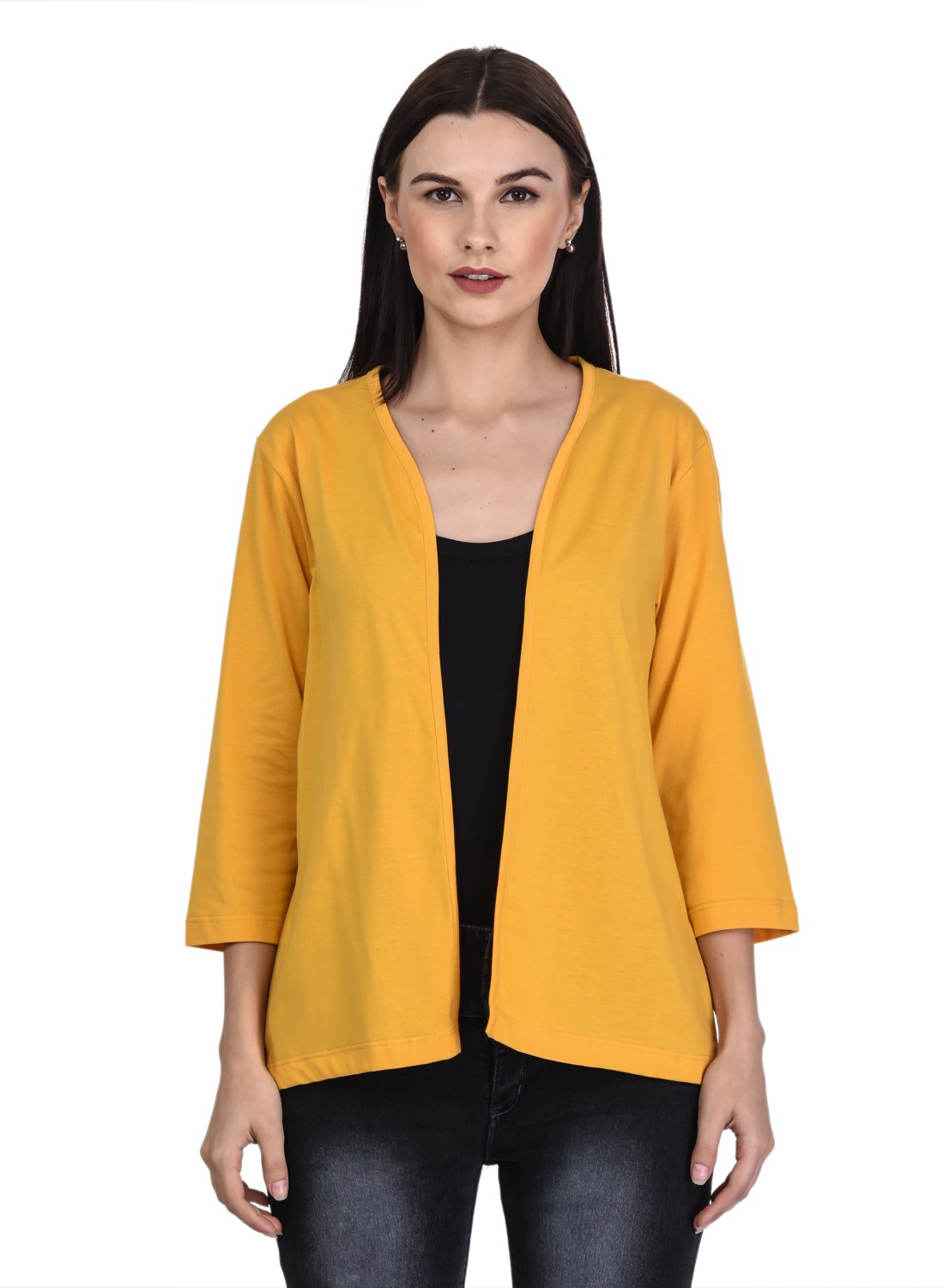kalt Women's 3/4th Sleeves Open Plain Shrug(Dark Yellow)-picture-18