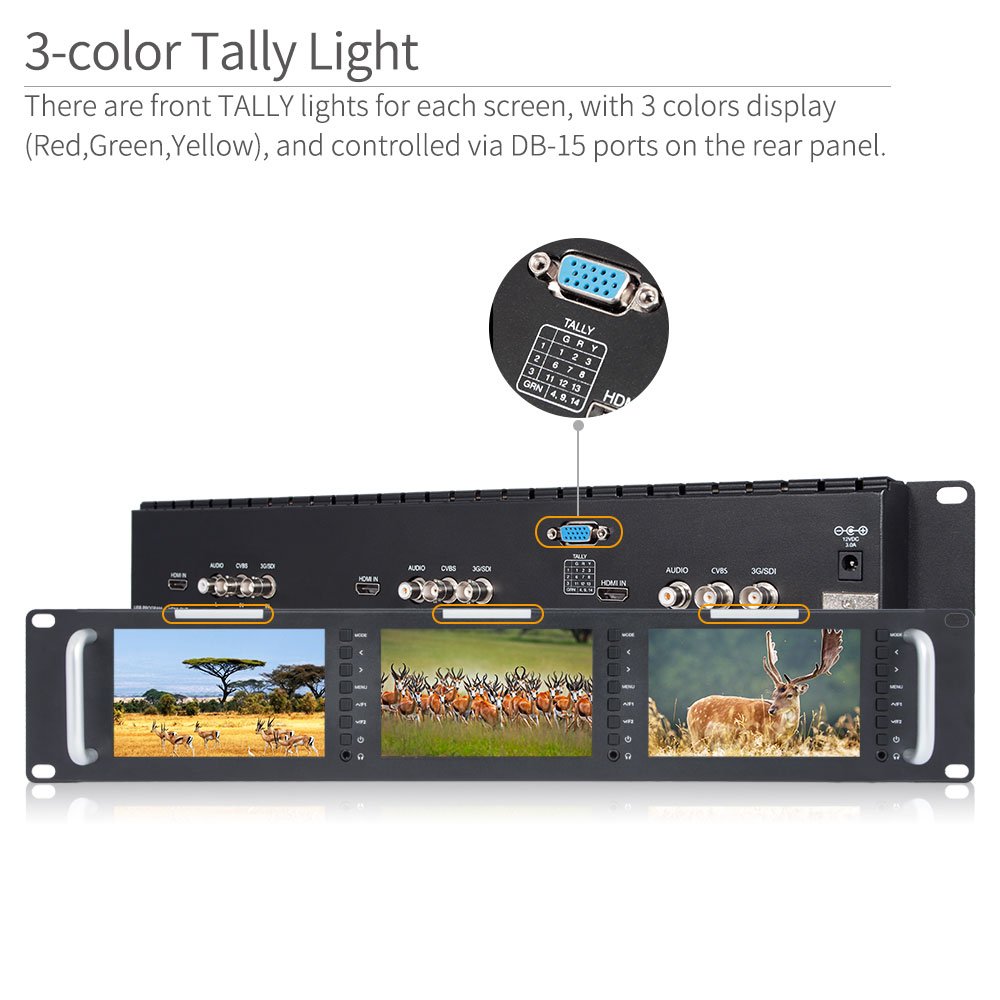 FEELWORLD T51 Triple 5 inch 2RU Broadcast SDI Rack Mount Monitor LCD 800×480 3G SDI HDMI AV Input and Output