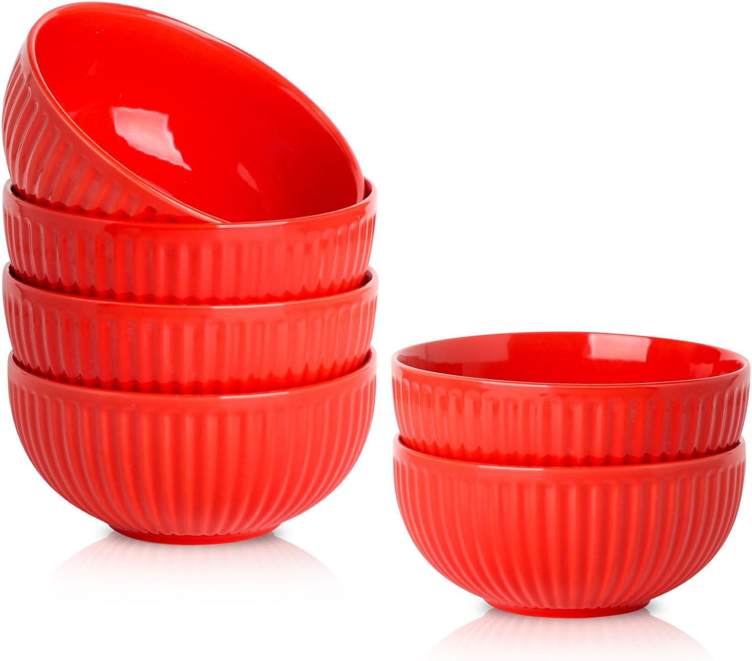 HasensePorcelain Cereal Bowls Set 24 Oz - 6 Inch Soup Bowl Set of 6 for Kitchen,Modern Ribbed Ceramic Dishes for Entertaining,Soup,Oatmeal,Pasta,Cereal,Noodle - Dishwasher & Microwave Safe, Red