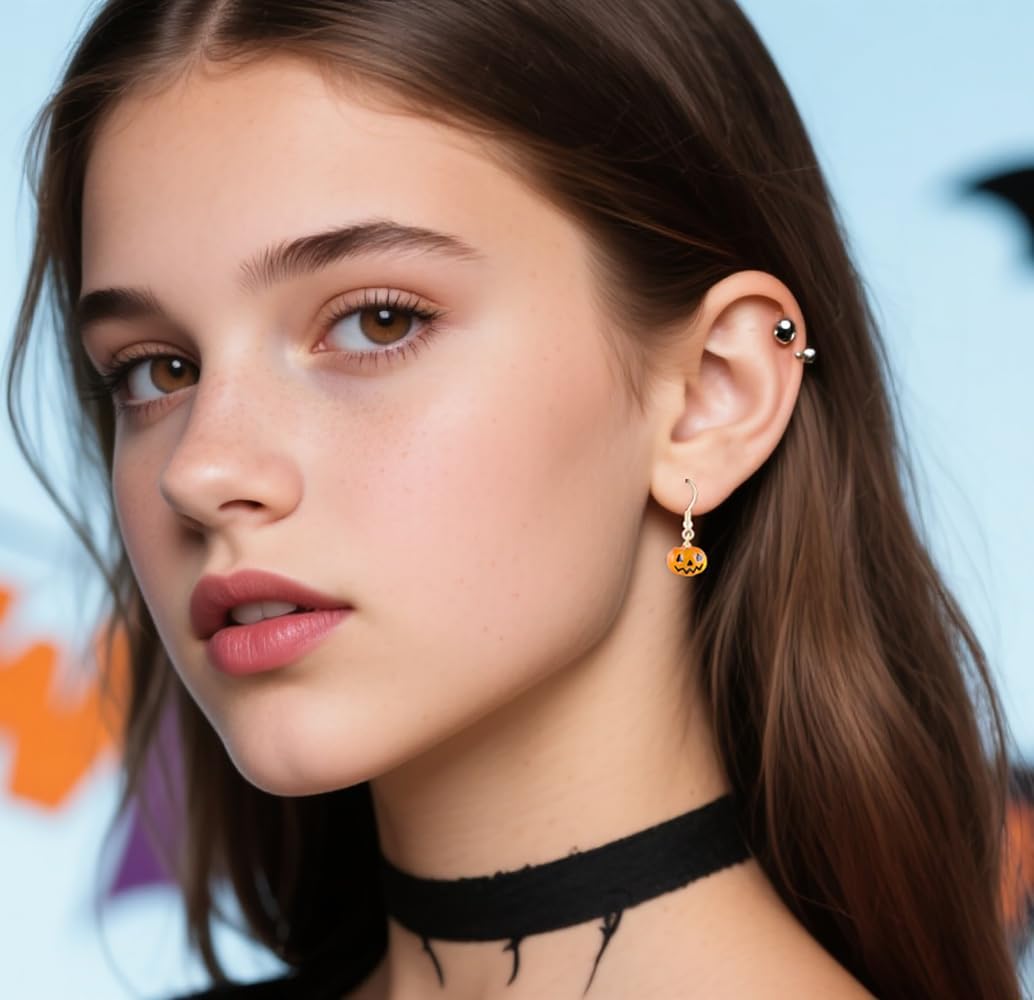 Reffeer Solid 925 Sterling Silver Halloween Pumpkin Drop Earrings for Women Teens Tiny Pumpkin Drop Earrings Hook Studs - Image 3