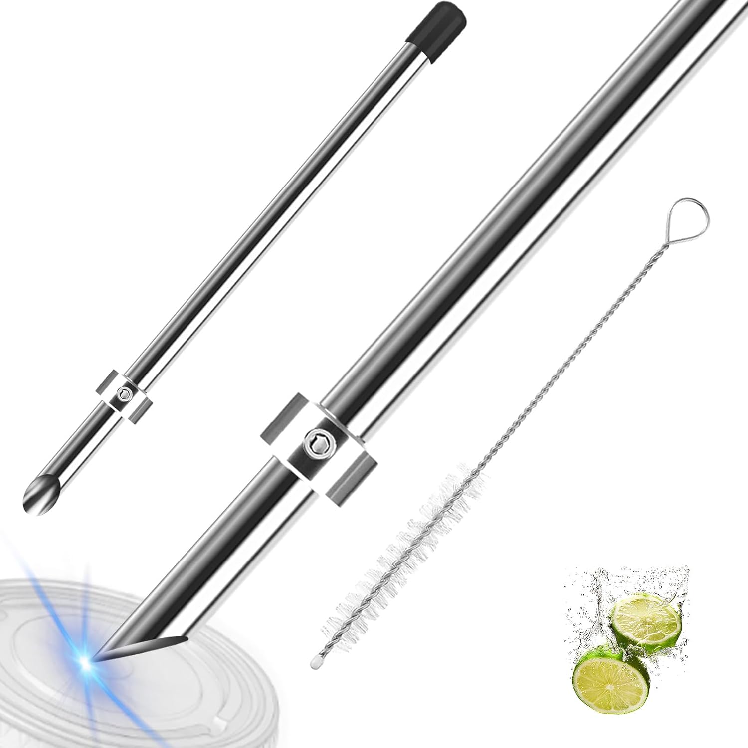 8-in-1 Lemonade Stand Tool Kit:2X 316 Stainless Steel Straw Hole Punchers for Plastic Lids,Straw Puncher Set and 1 Muddler for Lemonade,Mixing Spoon,2 Brushes,Tongs & 500Pcs Lemon Stickers for Cups