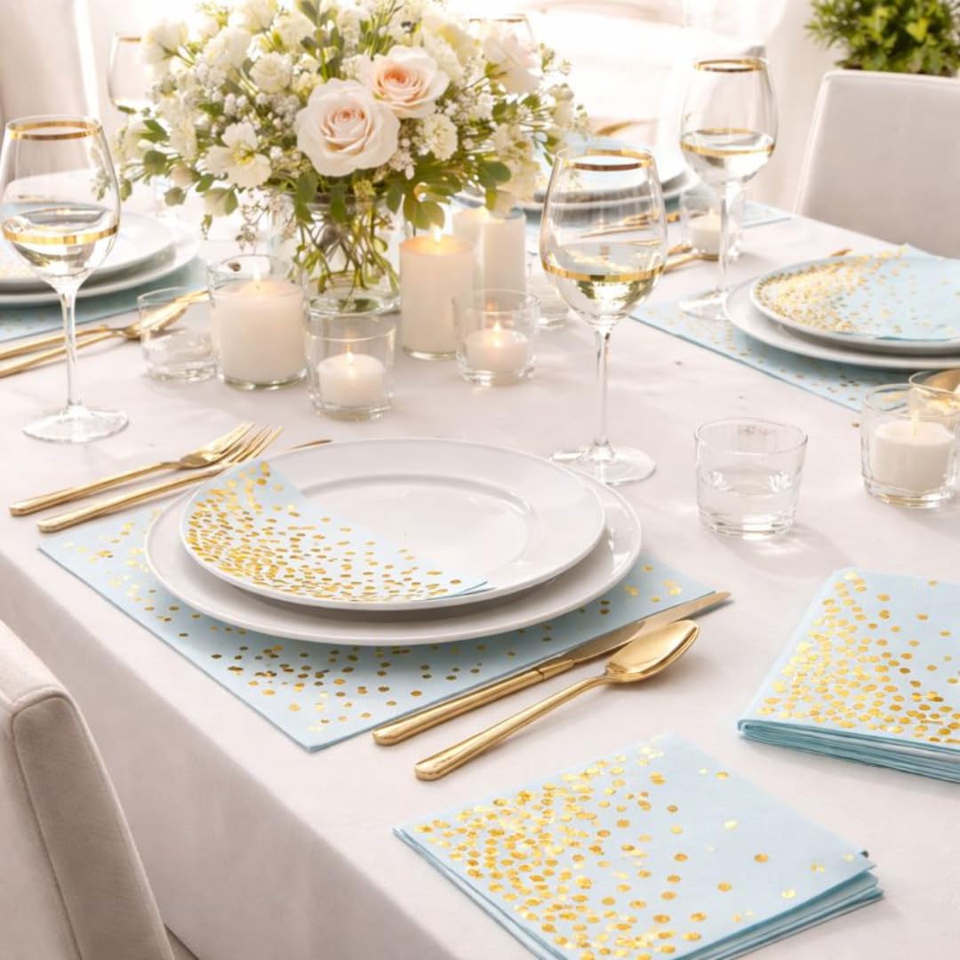 Wanna Party Light Blue Paper Napkins w/Golden Polka Dots | Disposable 2 Ply Paper Napkin | Paper Tissue For Party, Birthday, Wedding | Printed Paper Napkin - Pack Of 20 Light Blue Sheets