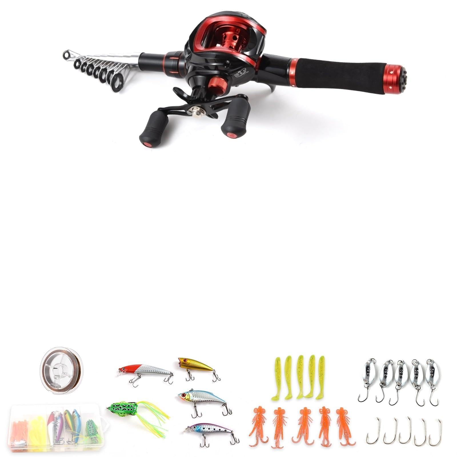 Combo Canna da Pesca Telescopica e Mulinello - Canna Leggera in Fibra di Vetro, Mulinello da Baitcasting per Mano Destra, Kit Pesca Portatile per Principianti Tutti i Livelli