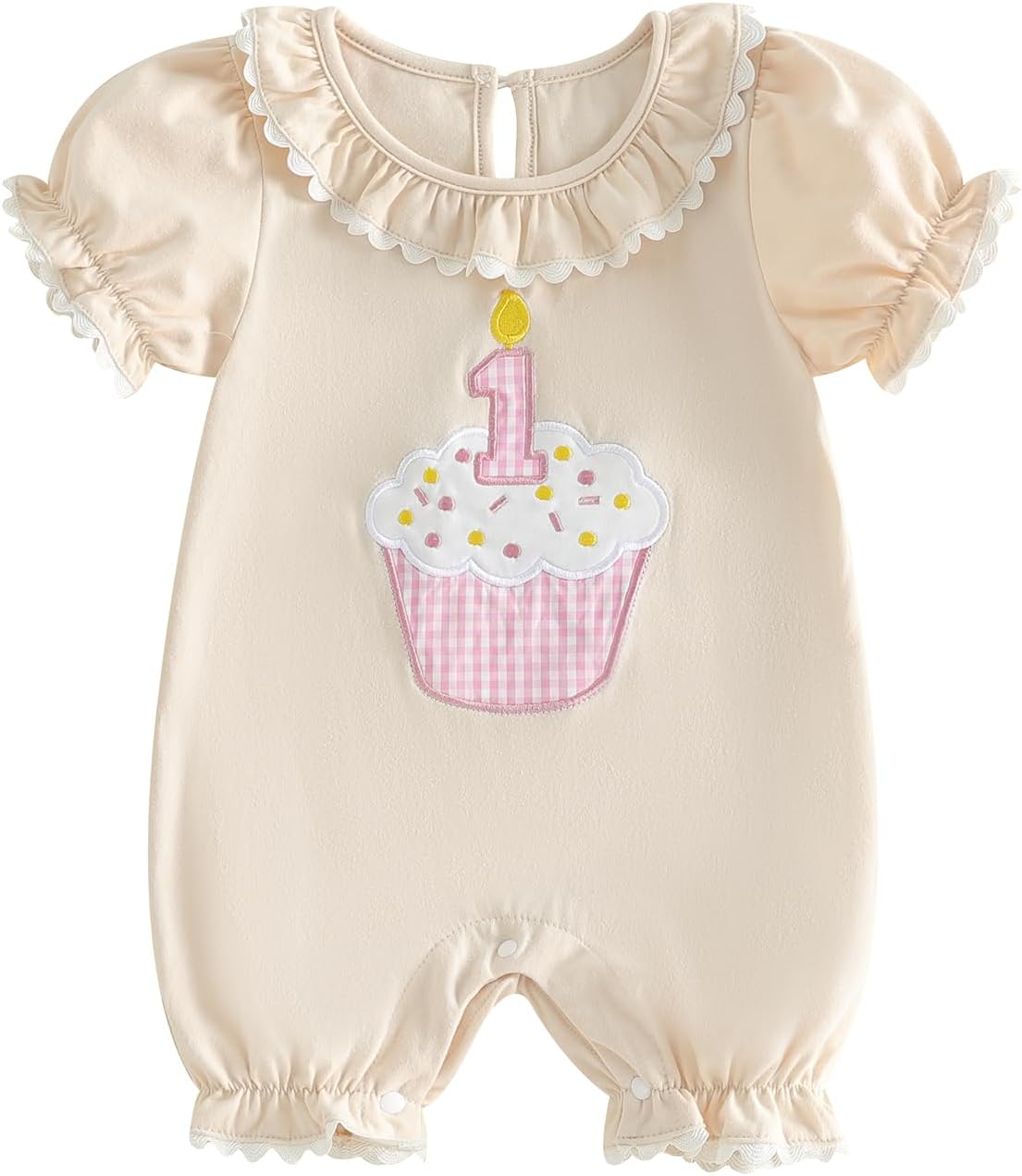 GOOCHEER First Birthday Baby Girl Outfit 1 Cake Embroidery Ruffle Short Sleeve Romper Jumpsuit Cake Smash Clothes