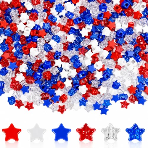 1000PCS 4th of July Star Beads for Crafts Red White and Blue Beads Bulk Patriotic Beads American Memorial Day Hair Star Beads DIY Jewelry Making Craft