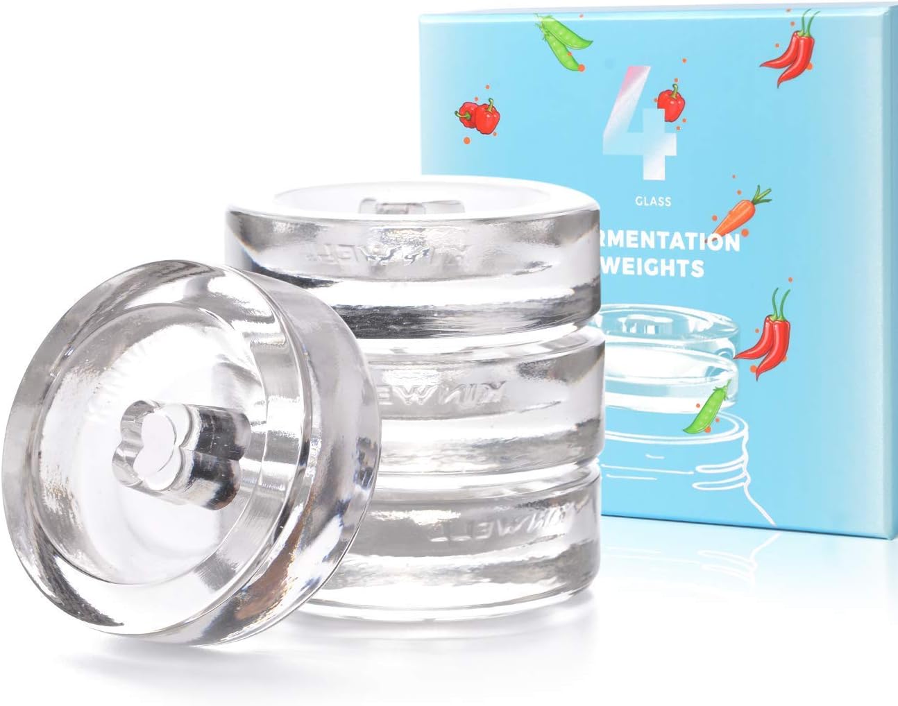 Florsol 4-Pack Fermentation Glass Weights with Easy Grip Grooved Handles, Sauerkraut Kimchi Pickles Preservation Fermenting Lids for Wide Mouth Mason Jars
