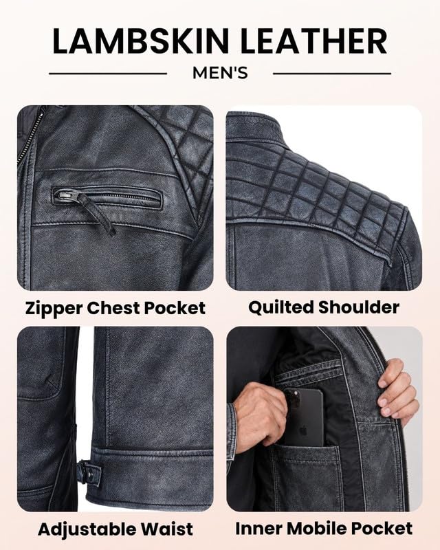 Image of Blingsoul Men's Leather Motorcycle Style Jacket - Quilted Cafe Racer Biker Style Jacket for Men