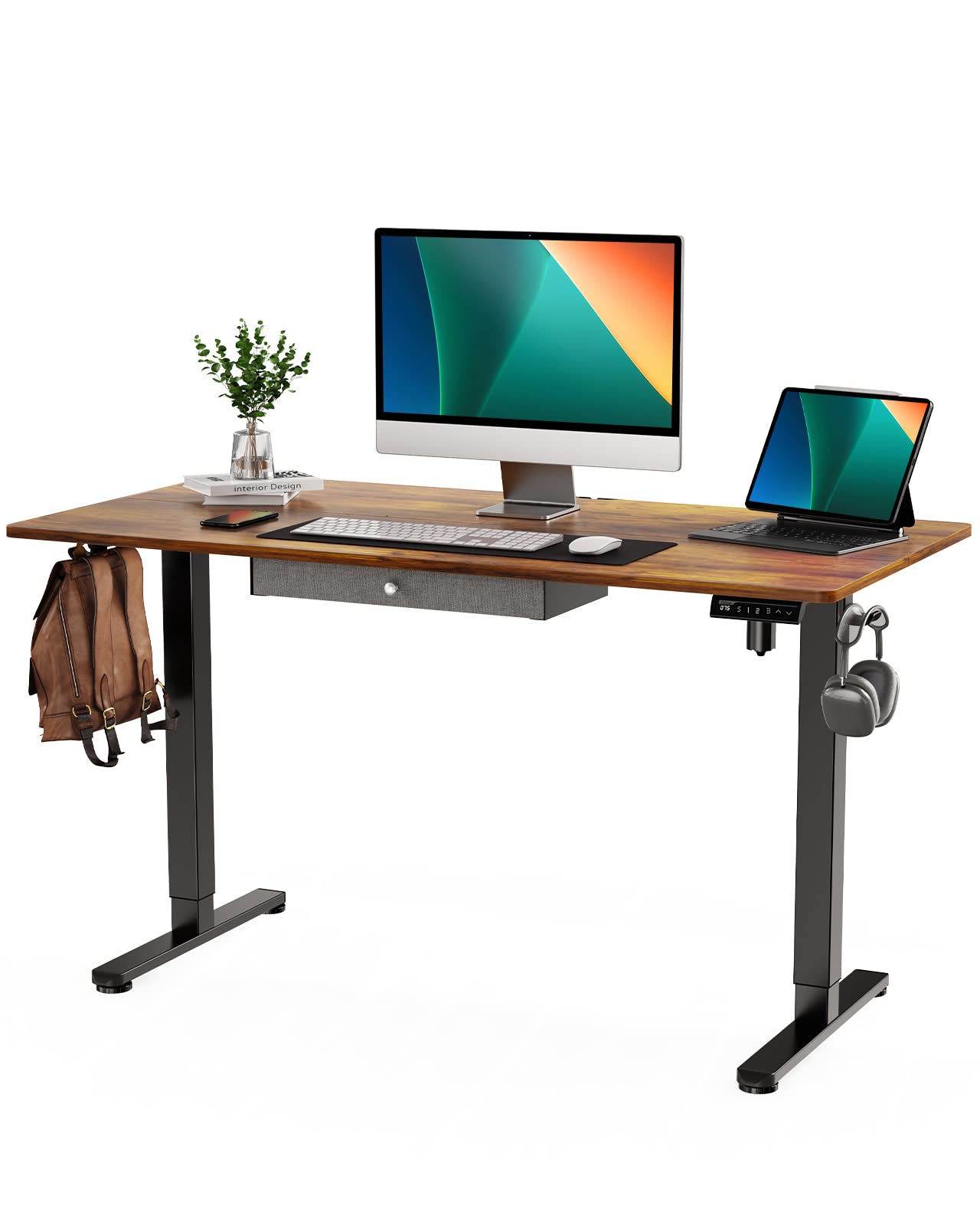 ErGear Electric Standing Desk with Drawer, Adjustable Height Sit Stand Up Desk, Home Office Desk Computer Workstation, 48x24 Inches, Vintage Brown