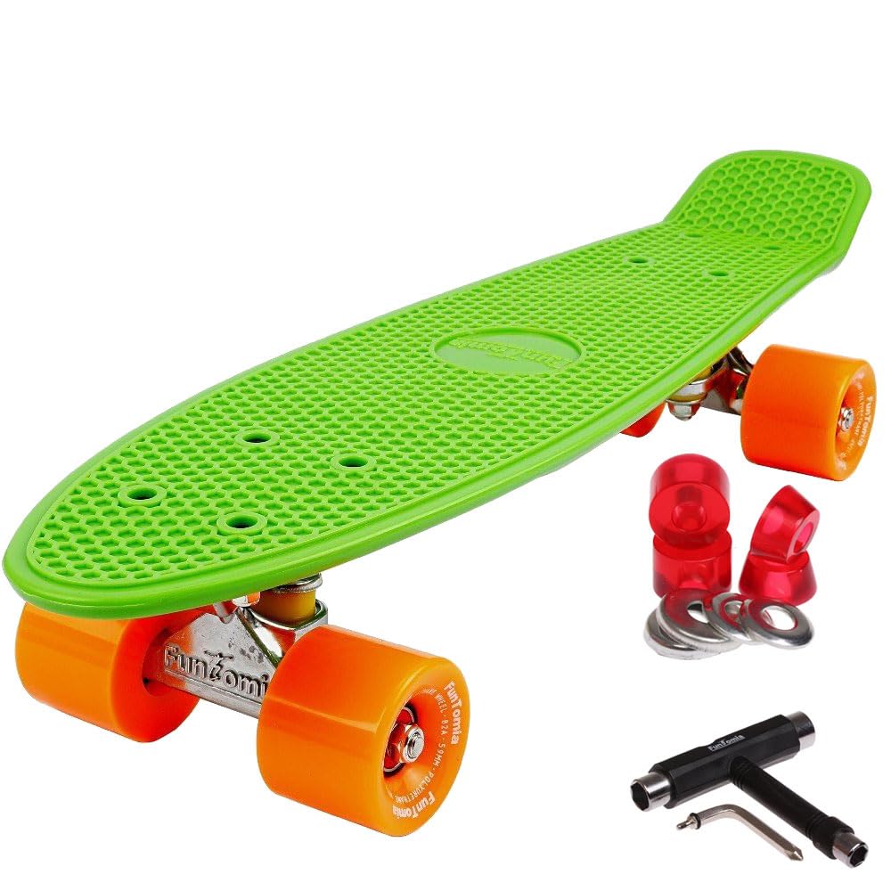 FunTomia Planche à roulettes Mini-Board Skateboard 57cm - avec roulements ABEC-11 - Style Retro Cruiser en Plastique (Vert + T-Tool)