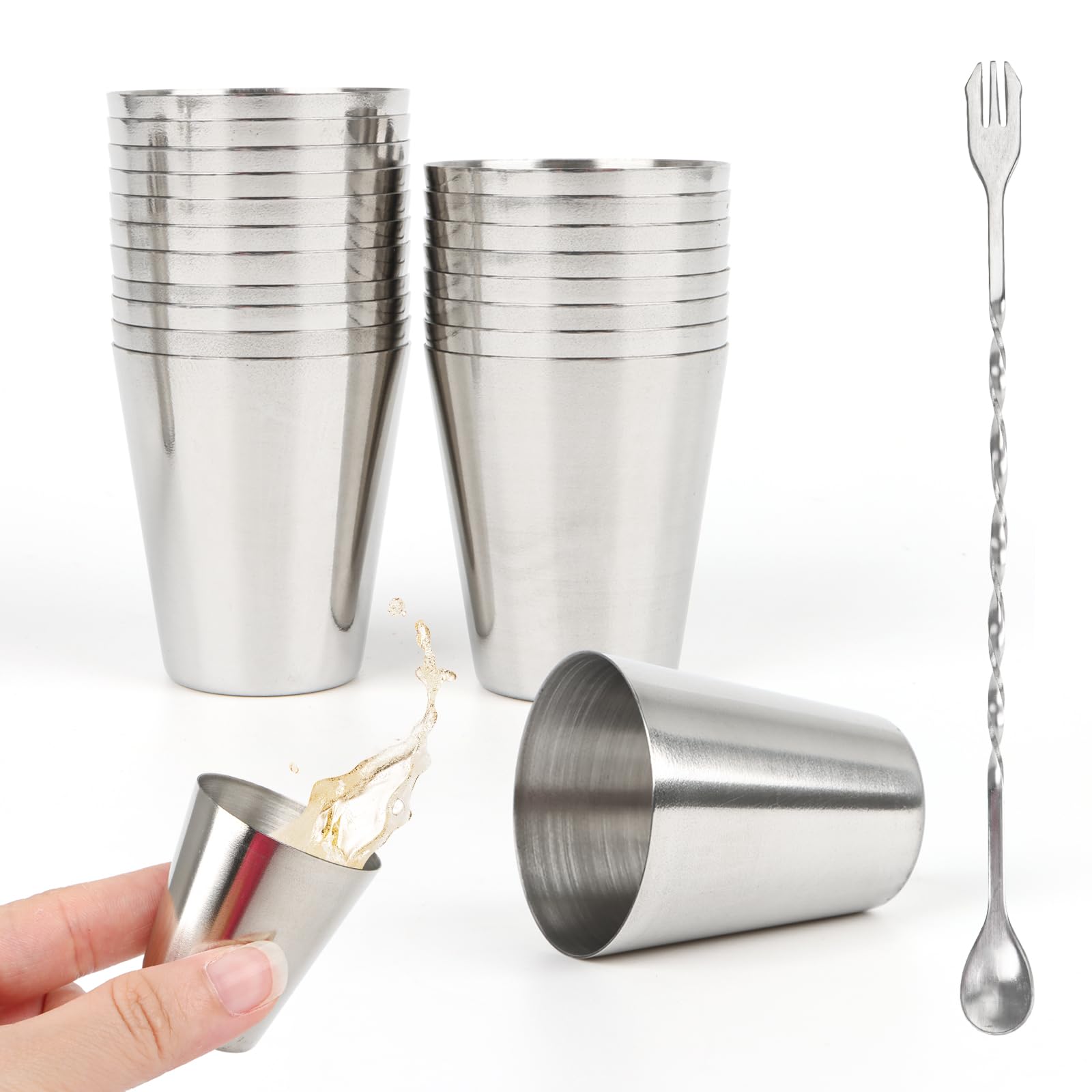 20 vasos de acero inoxidable y 1 cuchara, 30 ml vaso de metal | Apilable viaje