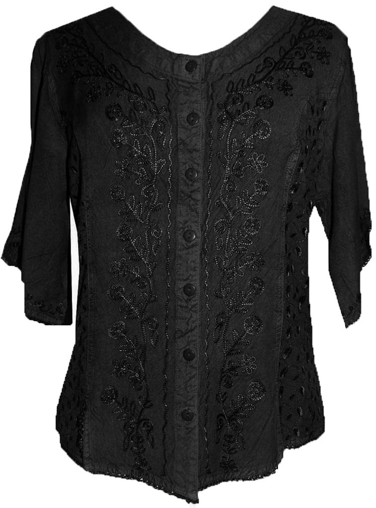 Agan Traders Medieval Vintage Short Sleeve Embroidered Blouses for Women - Button Down Comfy Summer Tops for Women