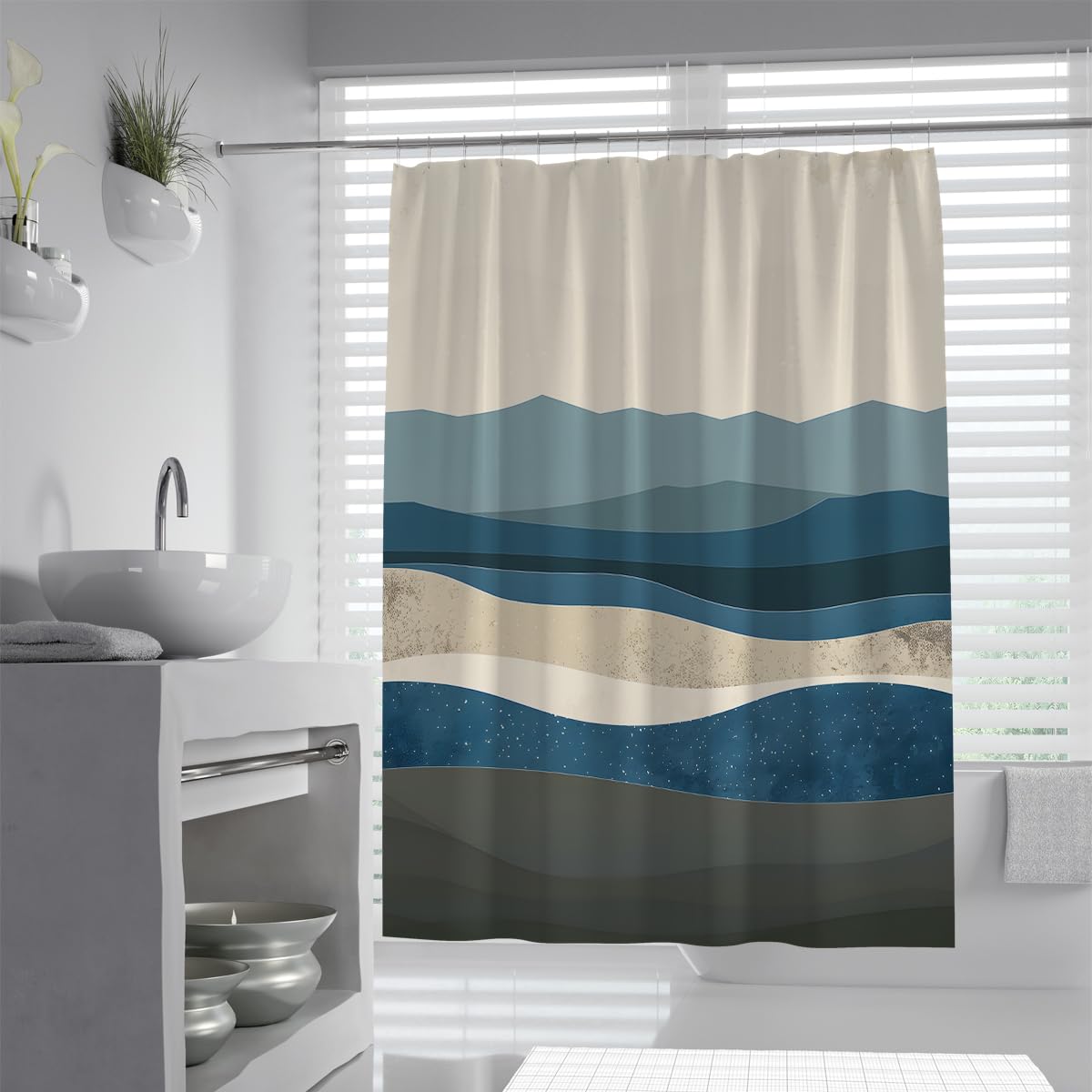 UIRINGART Blue Shower Curtain W120xL180cm Geometric Bath Curtains Mid Century Modern Mountains Waves Waterproof Quick Dry Fabric Bathroom Tub Screen
