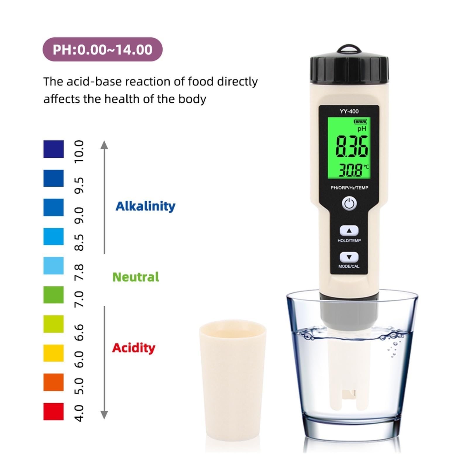 Testeur d'eau Testeur D'hydrogène Et d'eau, Moniteur 4 en 1 H2 PH ORP, Analyseur De Température, D'oxygène Réactif ATC 0-2400PPb for Aquariums Polyvalent Précis Facile
