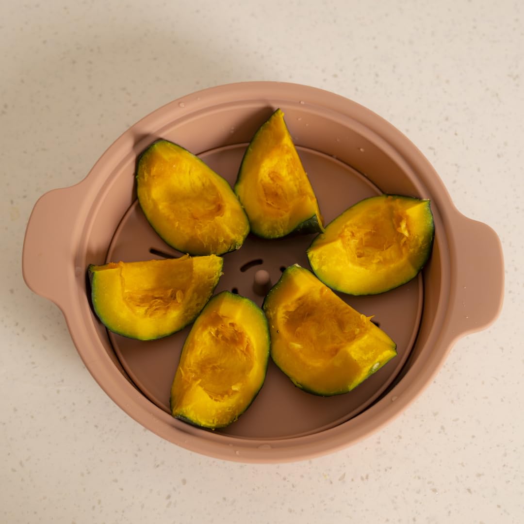 AGUARD Microwave Silicone Steamer for Baby Food, Made In Korea, Oven & Dishwasher Safe to 482°F, Easy Clean, Microwave Pot with Handle & Lid, 100% Food Grade Steamer Bowl (Terracotta Rose, 29oz (850ml) with basket)