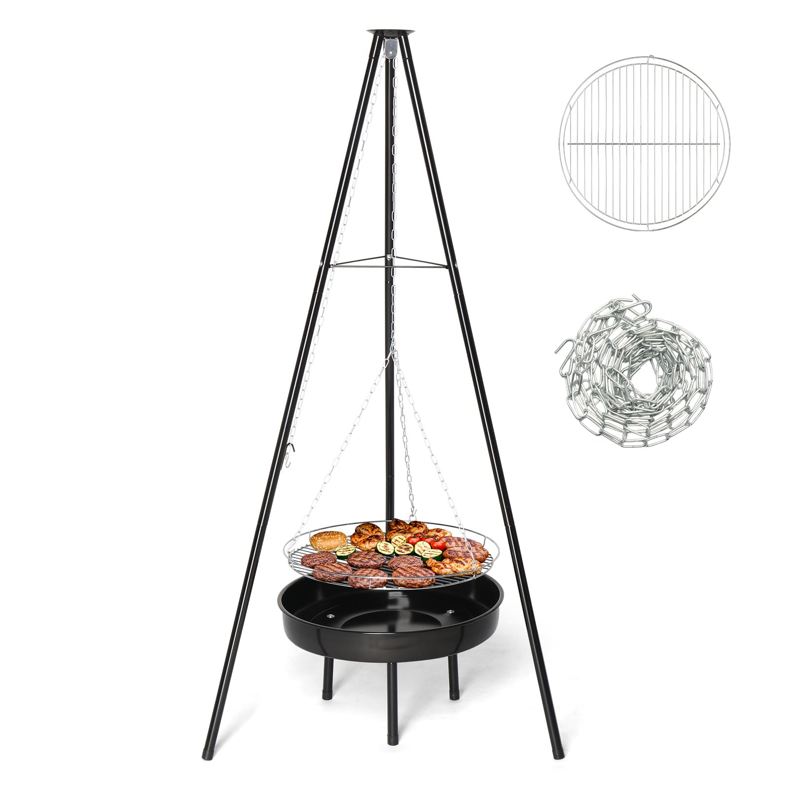 Bonnlo Campfire Tripod Grill - Portable Fire Pit BBQ with Fire Bowl - for Outdoor Camping BBQ, Black