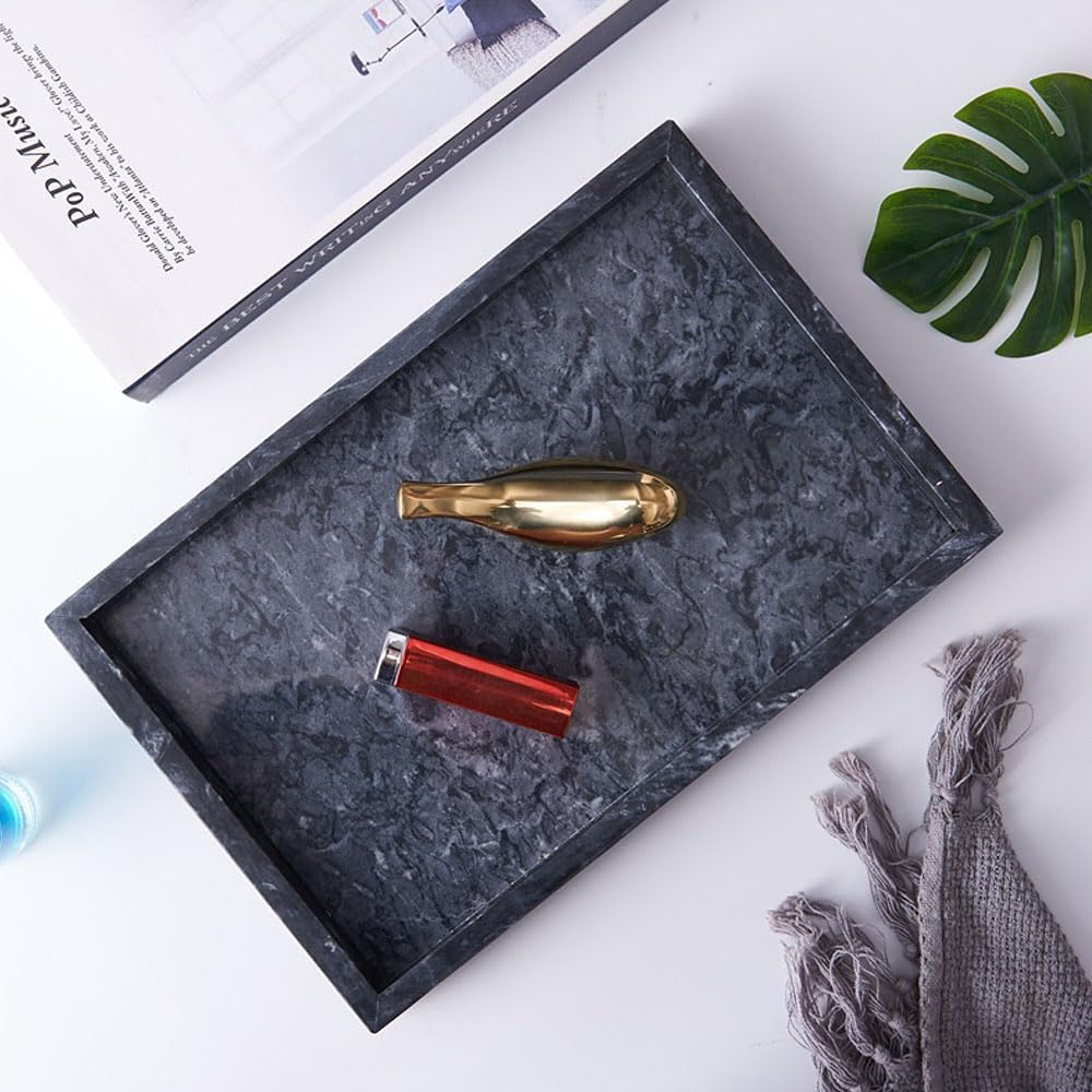 Natural Marble Rectanular Service Vanity Bathroom Tray 3 Colors Available - Rectangular Marble Organizer Plate with Non-Slip Pads - Perfect for Perfume, Cosmetics, Cups - Premium (Green)