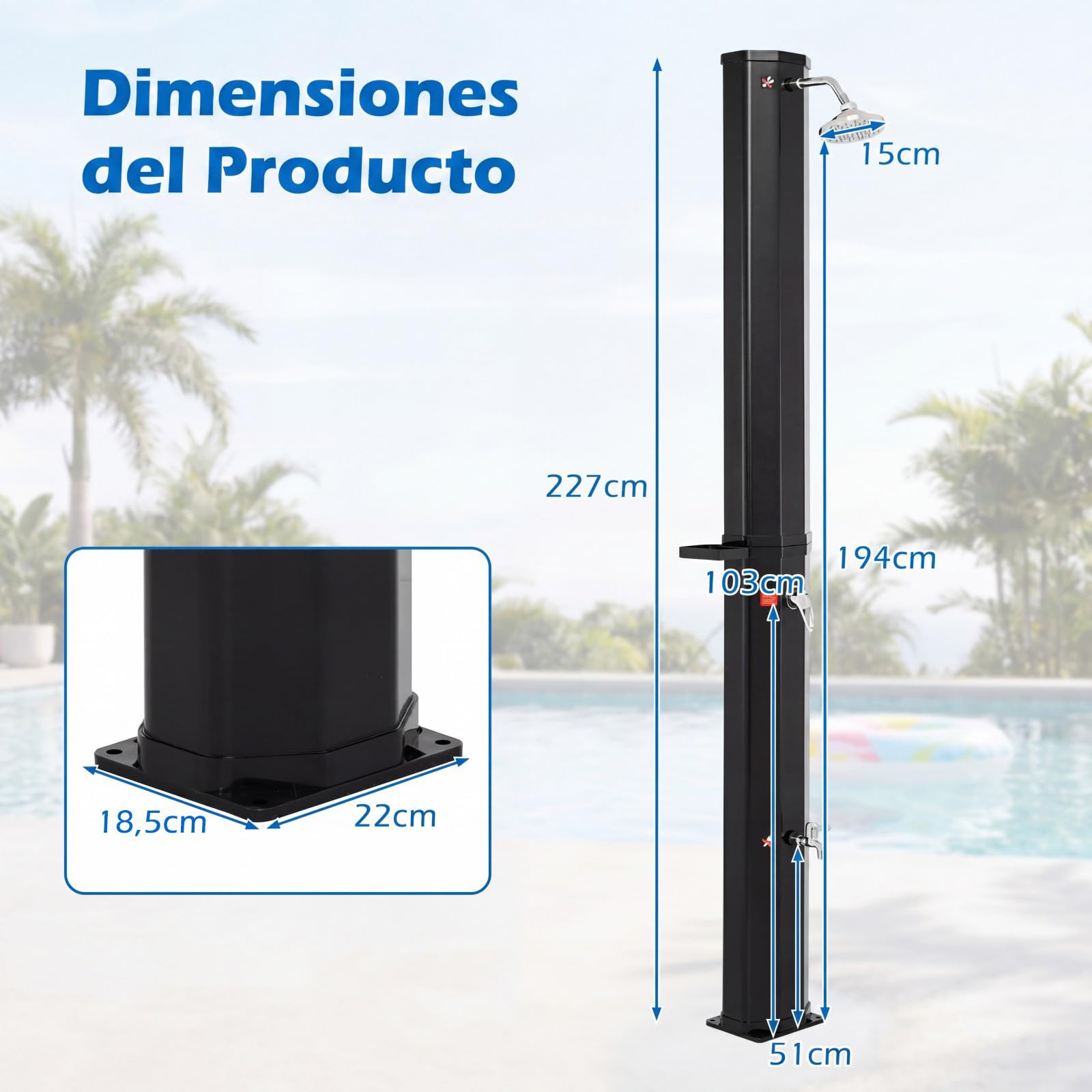 COSTWAY Ducha Solar Exterior de 60 L, 94 cm Ducha de Jardín con Cabezal Giratorio 360°, Grifo para Pies, Estante y Cubierta Protectora, Agua Caliente hasta 60℃, para Piscina Patio Playa, Negro