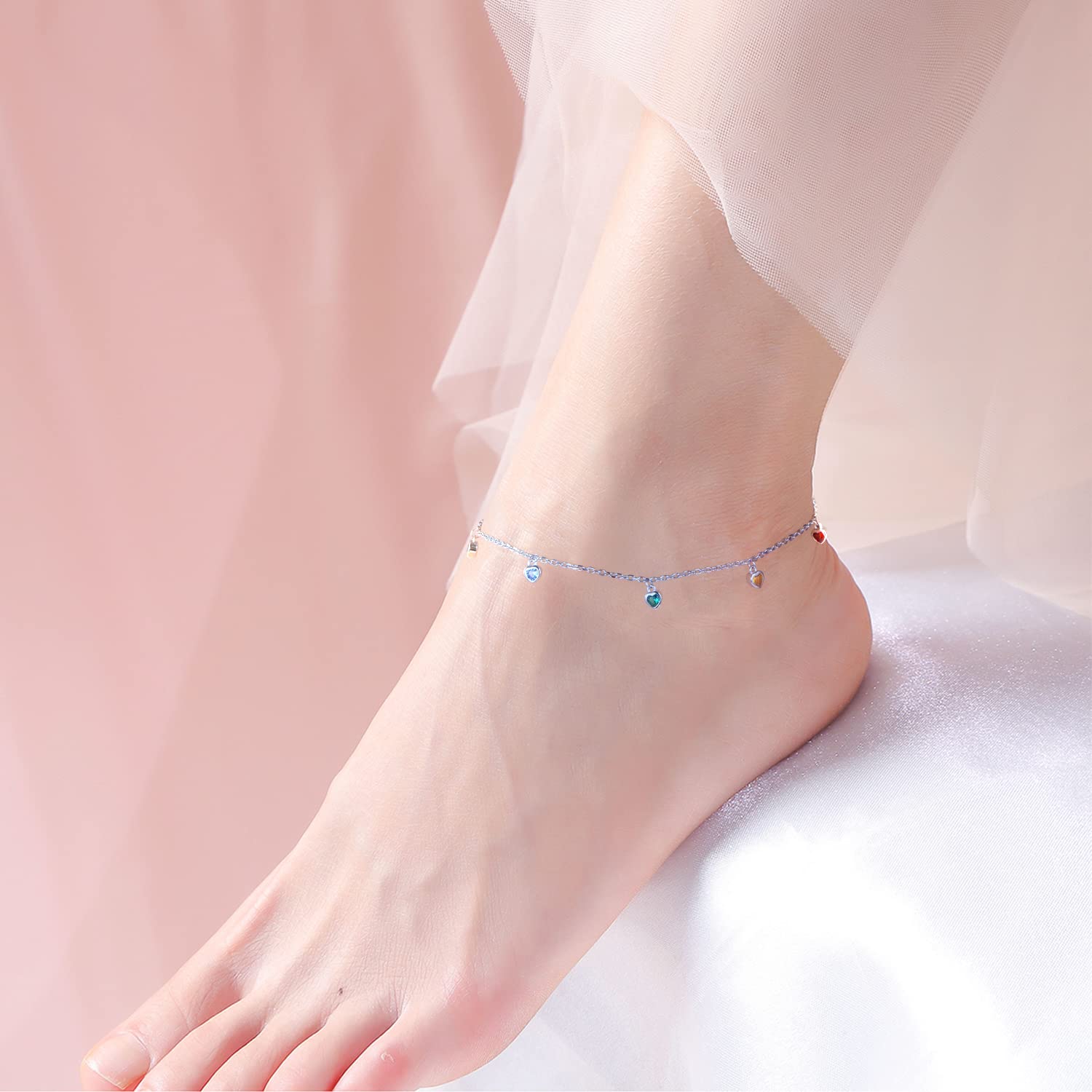 Cavigliera da donna in argento Sterling, girasole, tartarughe, ancora e luna, spiaggia, doppio strato con perle, regalo boho regolabile per ragazze, 9+1 inch, Argento sterling